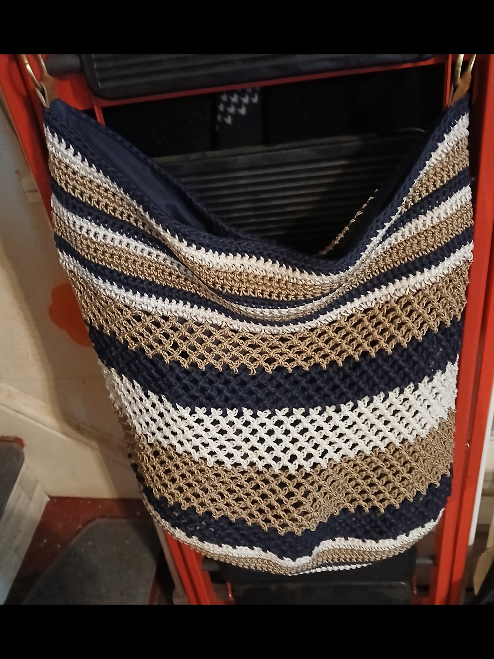 Striped Crochet Shoulder Bag in Navy, White & Tan "Straw Studio"